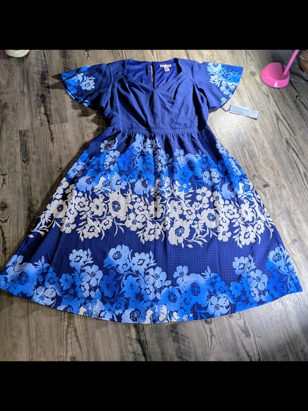 London Times Blue Floral Flutter Sleeve Fit & Flare Dress – Size 12 - Picture 4 of 9